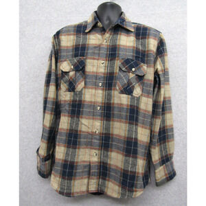 Oshman's Shirt Mens Large Brown Blue Plaid Long Sleeve Pocket Preppy